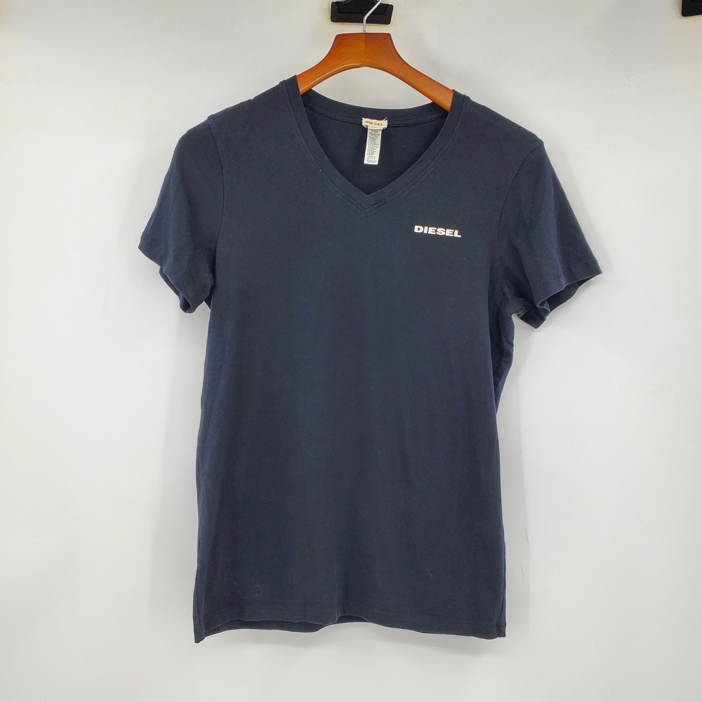 Diesel Men Black V-Neck Short Sleeve Logo Shirt Medium Stretch Muscle Tight Y2K